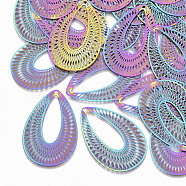 Ion Plating(IP) 304 Stainless Steel Filigree Pendants, Etched Metal Embellishments, Teardrop, Rainbow Color, 40.5x27x0.3mm, Hole: 1.2mm(X-STAS-S108-87)