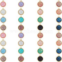 Opaque Resin Pendants, with Golden Tone Alloy Findings, Flat Round, Mixed Color, 18x15x3.5~4mm, Hole: 1.8mm, 32pcs/box(RESI-FH0001-19G)