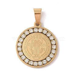 PVD Vacuum Plating 304 Stainless Steel Rhinestone Pendants, Flat Round with Cssml Ndsmd Cross God Father Religious Christianity Charm, Golden, 22.5x20x2.5mm, Hole: 6x3mm(STAS-M068-13B-G)