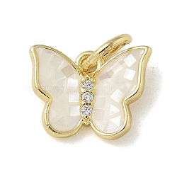 Brass Micro Pave Cubic Zirconia Charms, with Resin, Butterfly, Real 14K Gold Plated, with Jump Ring, White, 9x11x2mm, Hole: 3mm(KK-U046-16G-02)