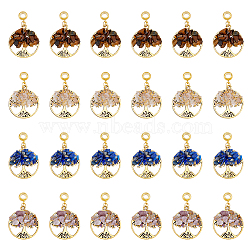 32Pcs 4 Styles Natural Mixed Stone European Dangle Charms, Natural Rose Quartz & Tiger Eye & Lapis Lazuli & Amethyst, Large Hole Pendant, with Alloy Findings, Flat Round with Tree of Life, Golden, 39mm, Pendant: 28.5x25x5~7mm, Hole: 4.5mm, 8pcs/style(G-DC0001-14)