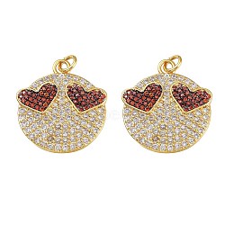 Brass Micro Pave Red & Clear Cubic Zirconia Pendants, with Jump Rings, Long-Lasting Plated, Lead Free & Cadmium Free, Flat Round with Heart, Real 18K Gold Plated, 23.5x21x2.5mm, Jump Ring: 5x1mm, Inner Diameter: 3mm(ZIRC-SZ0001-25)