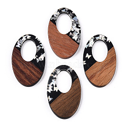 Opaque Resin & Walnut Wood Pendants, Oval Charms with Butterfly Paillettes, Silver, 35.5x22x3.5mm, Hole: 16x10mm(RESI-N039-62B)