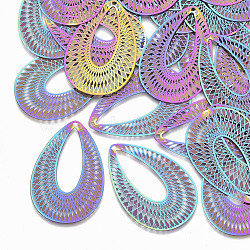 Ion Plating(IP) 304 Stainless Steel Filigree Pendants, Etched Metal Embellishments, Teardrop, Rainbow Color, 40.5x27x0.3mm, Hole: 1.2mm(X-STAS-S108-87)