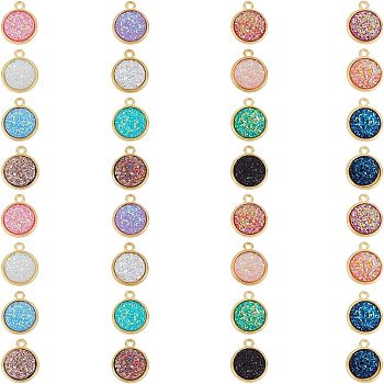 Opaque Resin Pendants, with Golden Tone Alloy Findings, Flat Round, Mixed Color, 18x15x3.5~4mm, Hole: 1.8mm, 32pcs/box