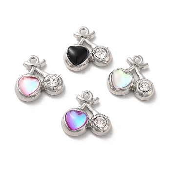 Alloy Pendant, with Glass, Platinum, Lead Free & Cadmium Free, Cherry Charm, Mixed Color, 14x15x5mm, Hole: 1.5mm