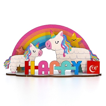Basswood Cake Insert Card Decoration, Unicorn with Word HAPPY, for Birthday Cake Decoration, Colorful, 155x210mm