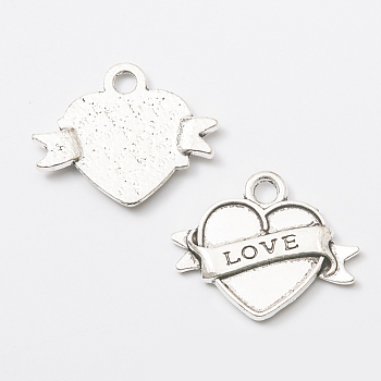Tibetan Style Alloy Pendants, Heart with Word Love, Antique Silver, 21x25x2mm