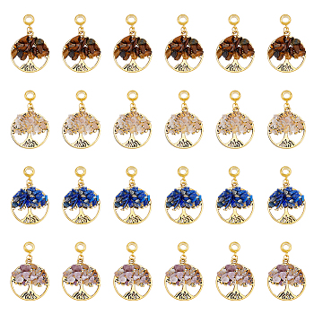 32Pcs 4 Styles Natural Mixed Stone European Dangle Charms, Natural Rose Quartz & Tiger Eye & Lapis Lazuli & Amethyst, Large Hole Pendant, with Alloy Findings, Flat Round with Tree of Life, Golden, 39mm, Pendant: 28.5x25x5~7mm, Hole: 4.5mm, 8pcs/style