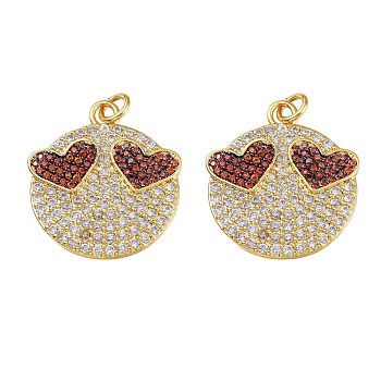 Brass Micro Pave Red & Clear Cubic Zirconia Pendants, with Jump Rings, Long-Lasting Plated, Lead Free & Cadmium Free, Flat Round with Heart, Real 18K Gold Plated, 23.5x21x2.5mm, Jump Ring: 5x1mm, Inner Diameter: 3mm