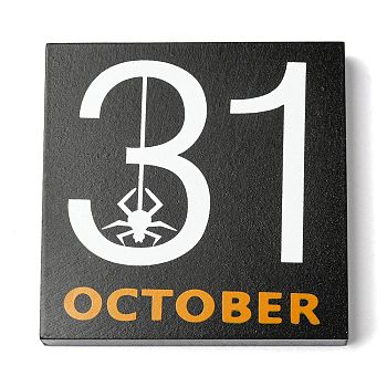 Halloween Theme Ornaments, Wooden Home Desktop Display Decoration, Square with October 31st, Black, 100x100x10.5mm