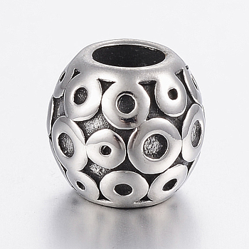 304 Stainless Steel European Beads Enamel Settings, Barrel, Large Hole Beads, Antique Silver, Tray: 0.8~1.5mm, 11x10mm, Hole: 5mm