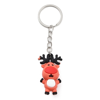 Christmas Themed Iron Keychains, with Silicone Pendants, Deer, 9.7cm, Deer: 43x23x14mm