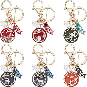 6Pcs 6 Style Chinese Style Alloy Enamel Keychains, with Iron Finding, Lobster Clasp, with Enamel Fish Charm, Mixed Shapes, Mixed Color, 9.4cm, 1pc/style