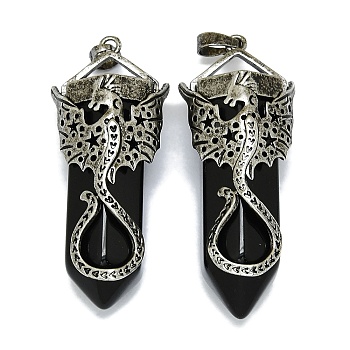 Natural Obsidian Faceted Pointed Bullet Big Pendants, Rack Plating Antique Silver Plated Alloy Dragon Charms, Cadmium Free & Lead Free, 55~58.5x22.5~23x18.5mm, Hole: 4.8x7.8mm