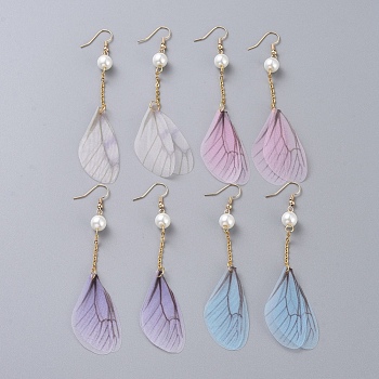 Glass Pearl Dangle Earrings, with Organza Fabric, 304 Stainless Steel Cable Chains and Brass Earring Hooks, Dragonfly Wing, Mixed Color, 97mm, Pin: 0.6mm