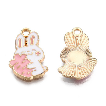 Eco-Friendly Zinc Alloy Pendants, with Enamel, Cadmium Free & Nickel Free & Lead Free, Rabbit with Carrot, Light Gold, Pink, 21x13x2mm, Hole: 2mm
