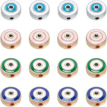 NBEADS Alloy Enamel Beads, Flat Round with Evil Eye, Mixed Color, 10x5mm, Hole: 1.2mm, 4 colors, 16pcs/color, 64pcs/Box