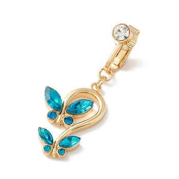 Double Butterfly Rhinestone Charm Belly Ring, Clip On Navel Ring, Non Piercing Jewelry for Women, Golden, Blue Zircon, 44mm