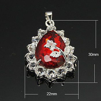 Glass Pendants, with Brass Finding, Teardrop, Platinum, Red, about 30mm long, 20mm wide, 11mm thick, hole: 3.5x3mm