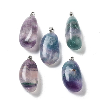 Natural Fluorite Pendants, Nuggets Charms with Stainless Steel Color Plated 201 Stainless Steel Snap on Bails, 29.5~37x15~18x8~12mm, Hole: 5x3mm