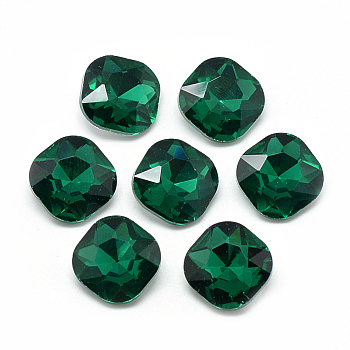 Pointed Back Glass Rhinestone Cabochons, Faceted, Back Plated, Square, Sea Green, 12x12x5mm