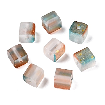 Frosted Glass Beads with Golden Glitter Powder, Two Tone, Cube, Medium Turquoise, 8x8x8mm, Hole: 1.5mm