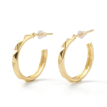 Brass Half Hoop Earrings, with Steel Pin and Plastic Ear Nuts, Long-Lasting Plated, Textured, Semicircular, Real 18K Gold Plated, 21x24x3mm, Pin: 0.8mm