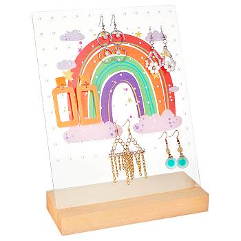 Transparent Acrylic Slant Back Earring Display Stands, with Wooden Base, Rectangle with Rainbow, Medium Sea Green, Finish Product: 20x8.05x25cm