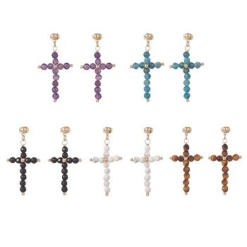 Natural Mixed Gemstone Beaded Cross Dangle Stud Earrings, Light Gold Brass Wire Wrap Jewelry for Women, 41mm, Pin: 0.8mm