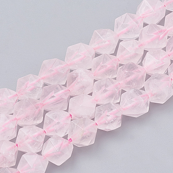 Natural Rose Quartz Beads Strands, Star Cut Round Beads, Faceted, 8~10x7~8mm, Hole: 1mm, about 45~48pcs/strand, 14.2~14.6 inch