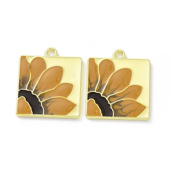 Rack Plating Alloy Enamel Pendants, Square with Flower, Golden, 20.5x17.5x1.5mm, Hole: 1.8mm
