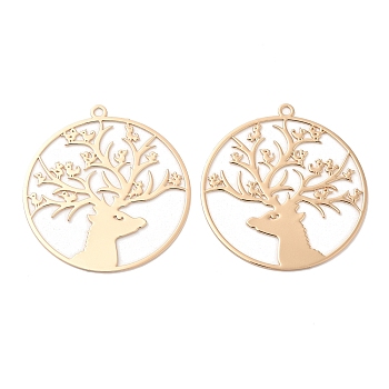 Long-Lasting Plated Brass Filigree Pendants, Flat Round with Deer Charm, Light Gold, 41x38x0.3mm, Hole: 2mm