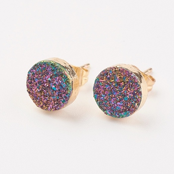 Electroplate Natural Druzy Agate Stud Earrings, with Brass Findings, Round, Golden, 8x3~3.5mm, Pin: 0.8mm
