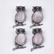 Natural Rose Quartz Brooches/Pendants, with Rhinestone and Alloy Findings, Owl, Antique Silver, 51x28~29x15~16.5mm, Hole: 4.5x8.5mm, Pin: 0.5mm(G-S353-05I)