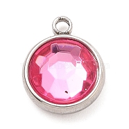 304 Stainless Steel Charms, with Acrylic Rhinestone, Birthstone Charms, Faceted, Flat Round, Stainless Steel Color, Light Rose, 12x10x4.4mm, Hole: 1.3mm(STAS-I165-04A-P-01)