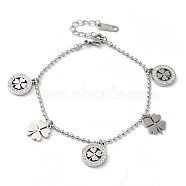 Rhinestone Clover Charm Bracelet, with 304 Stainless Steel Ball Chains, Stainless Steel Color, 7-1/4 inch(18.5cm)(BJEW-E091-03P)