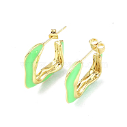 Enamel Twist Square Stud Earrings, Real 18K Gold Plated Brass Half Hoop Earrings for Women, Lawn Green, 23x21.5x5.5mm, Pin: 0.8mm(EJEW-P214-23G-02)