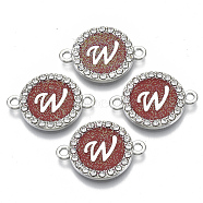 Alloy Enamel Links Connectors, with Crystal Rhinestones, Flat Round with Letter, Silver Color Plated, Letter.W, 22x16x2mm, Hole: 1.8mm(ENAM-TAC0003-01S-05W)