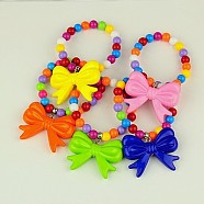Fashion Acrylic Bracelets for Kids, Stretch Bracelets, with Acrylic Bowknot Pendants and Tibetan Style Hangers, Mixed Color, 45mm(BJEW-JB00838)