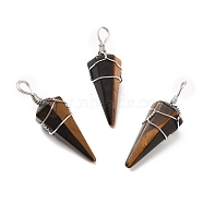 Natural Tiger Eye Gemstone Pendants, with Platinum Tone Copper Wire Wrapped, Cadmium Free & Lead Free, Faceted Cone, 46.5~53x17~19x17~18mm, Hole: 5~6.5mm(G-D458-06P-05-RS)