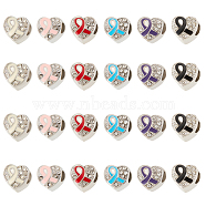 24Pcs 6 Colors Platinum Tone Alloy Rhinestone European Beads, Large Hole Heart Beads with Enamel, Heart with Awareness Ribbon, Mixed Color, 9.5x9.5x8.5mm, Hole: 4mm, 4Pcs/color(MPDL-OC0001-02)