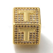 Brass Cubic Zirconia Beads, Letter T, Square, Letter T, 9.5x9.5x9.5mm, Hole: 6mm(KK-Q818-01T-G)