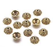 Tibetan Style Bead Caps, Antique Golden, Lead Free, Cadmium Free and Nickel Free, Flower, Size: about  9mm in diameter, 4mm thick, hole: 1mm(X-GLF0652Y-NF)