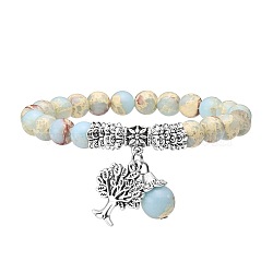 8mm Natural Aqua Terra Jasper Stretch Bracelets, Tree of Life Alloy Charm  Bracelets for Women Men, Antique Silver(ME8493-11)