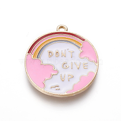 Zinc Alloy Enamel Pendants, Flat Round with Rainbow & Word Don't Give Up, Light Gold, Colorful, 24x21x1.7mm, Hole: 1.6mm(ENAM-L018-010LG)