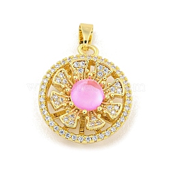 Rack Plating Brass Cubic Zirconia Pendants, Rotatable Flower, with Resin, Long-Lasting Plated, Lead Free & Cadmium Free, Ring with Flower, Pink, Real 18K Gold Plated, 19.5x17x9mm, Hole: 5x3mm(KK-M291-01G)