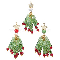 3Pcs Glass Beaded Tassel Big Pendants, with Star Non-magnetic Synthetic Hematite Beads, Lawn Green, 51.5x23x22mm, Hole: 1.6mm(PALLOY-JF02983)