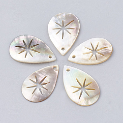 Black Lip Shell Pendants, Teardrop with Star, Seashell Color, 28.5~31x17~20x1.5~2.5mm, Hole: 1.5mm(SHEL-T009-08)