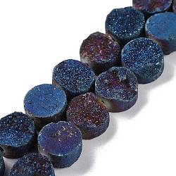Electroplated Natural Druzy Agate Beads Strands, Dyed, Flat Round, Blue Plated, 10x10x4~7mm, Hole: 1mm, about 20pcs/strand, 7.99''(20.3cm)(G-M433-01B)